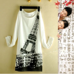Amanda49 Fashionable Eiffel Tower Print Round Neckline Long Blouse