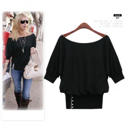 Amanda49 Off-Shoulder Tighting Sleeves Black Cotton Half Sleeves Blouse--Women's Blouses