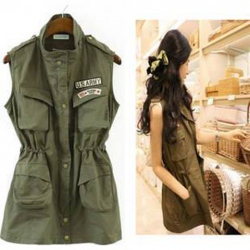 Amanda49 Cool Military Style Elastic Waist Patch Embellished Many-Pockets Design Sleeveless Blouse For Women