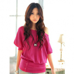 Amanda49 Off-Shoulder Tighting Sleeves Red Cotton with Pearl Half Sleeves Blouse--Women's Blouses