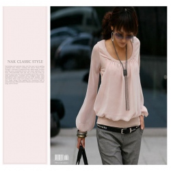 Amanda49 Cotton+Chiffon Round Frills Neckline Pink Long Sleeves Blouse--Women's Blouses