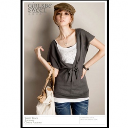 Amanda49 Leisure V-Neck Cotton Charcoal Short Sleeves Blouse--Women's Blouses