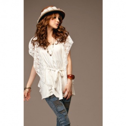 Amanda49 Gentlewomanly White Cotton + Lace Butterfly Sleeves Design with Belt Blouse for Women