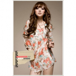 Amanda49 Personalized Round Neckline Printed Loose Flexible Beige Chiffon Blouse for Women