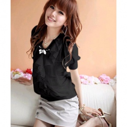 Amanda49 Beautiful Lotus Leaf Design Collar Short Sleeve Chiffon Blouse