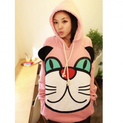 Amanda49 Funny and Sweety Big Face Cartoon Cat Patterns Pink Long Sleeves Cotton Blouse For Women