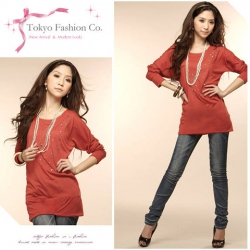 Amanda49 New Arrival Silver Strip Decorated Long Pattern Cotton T-shirt