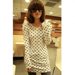 Amanda49 Slim and Refreshing Round Neckline Dots Patterns Puff Long Sleeves Milk Silk Blouse For Women
