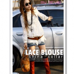 Amanda49 Mesh Design Nitrile Cotton + Lace White Long Sleeves Blouse--Women's Dresses