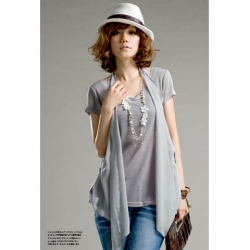Amanda49 Special Design Chiffon + Cotton Grey Short Sleeves Blouse--Women's Blouses