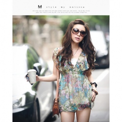 Amanda49 Delicate and Beautiful High Elastic Waist Blue Chiffon + Cotton Short Sleeve Blouse--Women's Blouses