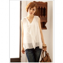 Amanda49 V-neck Shoulder-embellished Button White Chiffon Sleeveless Blouse--Women's Blouses