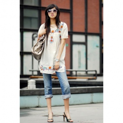 Amanda49 Ethnic Style Cotton+Embroidery White Short Sleeves Blouse--Women's Blouses