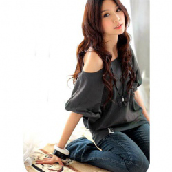 Amanda49 Off-Shoulder Tighting Sleeves Gray Cotton with Pearl Half Sleeves Blouse--Women's Blouses