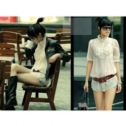 Amanda49 High Collar Frills Chiffon White Short Sleeves Blouse--Women's Blouses