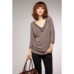 Amanda49 Laconic Soft Deep V-neckline Embellished Coffee Cotton Blouse for Women