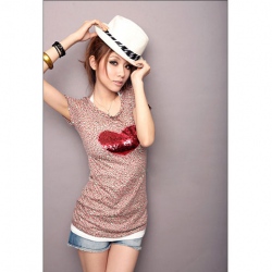Amanda49 Embellished Paillette Heart Cotton Short Sleeves Blouse--Women's Blouses