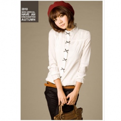 Amanda49 Sweet High Collar Special Button Design White Cotton Long Sleeves Shirt--Women's Blouses