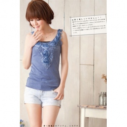 Amanda49 T Rose Lace Collar Strap Design Blue Cotton Women's Vest