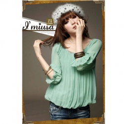 Amanda49 Round Neckline-embellished Frills Chiffon Green Half Sleeves Blouse--Women's Blouses