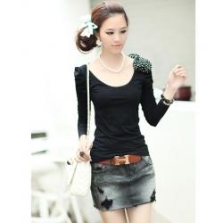 Amanda49 Shoulder with Bow Black Puffs Long Sleeves Blouse--Women's Blouses