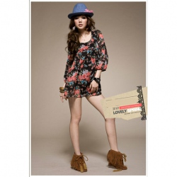 Amanda49 Personalized Round Neckline Printed Loose Flexible Black Chiffon Blouse for Women