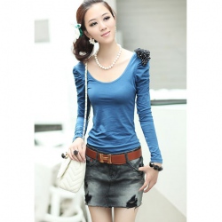 Amanda49 Shoulder with Bow Blue Puffs Long Sleeves Blouse--Women's Blouses
