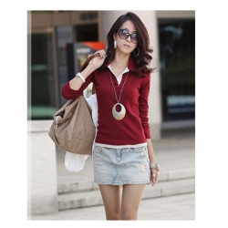 Amanda49 Button Design with Collar Cotton Red Long Sleeves Blouse--Women's Blouses