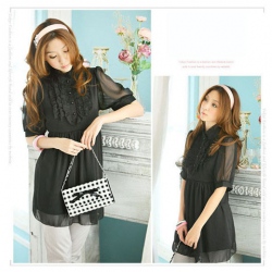 Amanda49 High Collar Frills Chiffon Black Short Sleeves Blouse--Women's Blouses