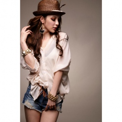 Amanda49 Loose and Comfortable Apricot Chiffon Half Sleeve Blouse--Women's Blouses