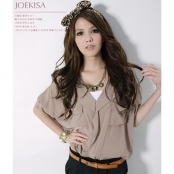 Amanda49 Loose and Comfortable Khaki Blended Cotton Short Sleeve Blouse--Women's Blouses