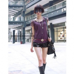 Amanda49 Special Strap Design Purple Cotton Short Sleeves Blouse--Women's Blouses