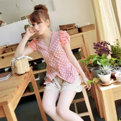 Amanda49 Fashion Sweet V-Neck Pink Chiffon Short Sleeve Blouse--Women's Blouses