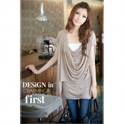 Amanda49 A Two-Piece Vertical Lead Off Cut Design Brown Cotton Short Sleeve Blouse--Women's Blouses