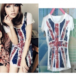 Amanda49 British Flag Design Elastic Cotton Short Sleeve Blouse--Women's Blouses