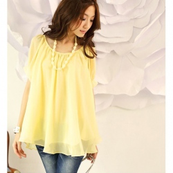 Amanda49 Loose Round Neckline Yellow Chiffon Short Sleeve Blouse--Women's Blouses