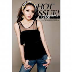 Amanda49 Round Neckline Sleeveless Black Gauze Blouse--Women's Blouses