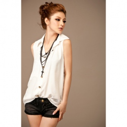 Amanda49 Hot Sale Sleeveless White Polyester-Cotton Blend SpringSummer Blouse