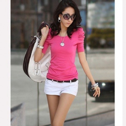 Amanda49 Tenderly and Soft Handfeel Round Neckline Middle Puff Sleeve Blouse