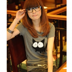 Amanda49 Lovely Cat Patterns High Elastic Purified Cotton Short Sleeve Blouse