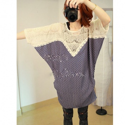Amanda49 Stylish Bat Sleeves Lace and Polka Dot Short Sleeve Blouse