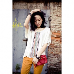 Amanda49 Loose and Comfortable Bat Sleeve Front Delicate Manual Embroidery Short Sleeve Blouse