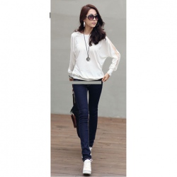 Amanda49 Elegant Round Neckline Transparent Line Embellished Bat-Wing Sleeves T-Shirt For Women