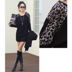 Amanda49 New Arrival Leopard Embellish Round Collar and Long Sleeve T-shirt