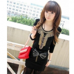 Amanda49 European Style Golden Pearl Embellish On Bust Long Sleeve T-Shirt