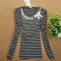 Amanda49 Flash Round Neckline Bowknot Patten Bead Embellished Stripes Long Sleeves Cotton T-Shirt For Women