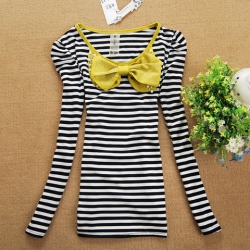 Amanda49 Leisure Round Neckline Bowknot Embellished Stripes Long Sleeves Cotton T-Shirt For Women