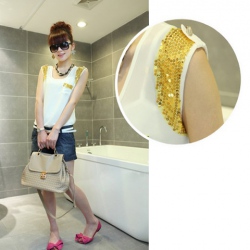 Amanda49 Stylish and Dazzing Yellow Sequins Embellished Shoulder Round Neckline Vest