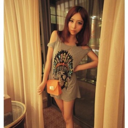 Amanda49 Fashionable Round Neckline Colorful Feather Embellished Indian Printing Gray Cotton Off-Shoulder Blouse