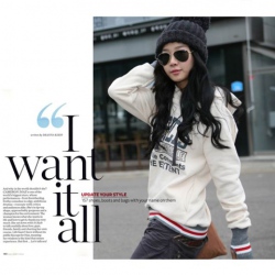 Amanda49 Simple and Popular Letter Printed Special Sleeves Design Hood Blouse For Women